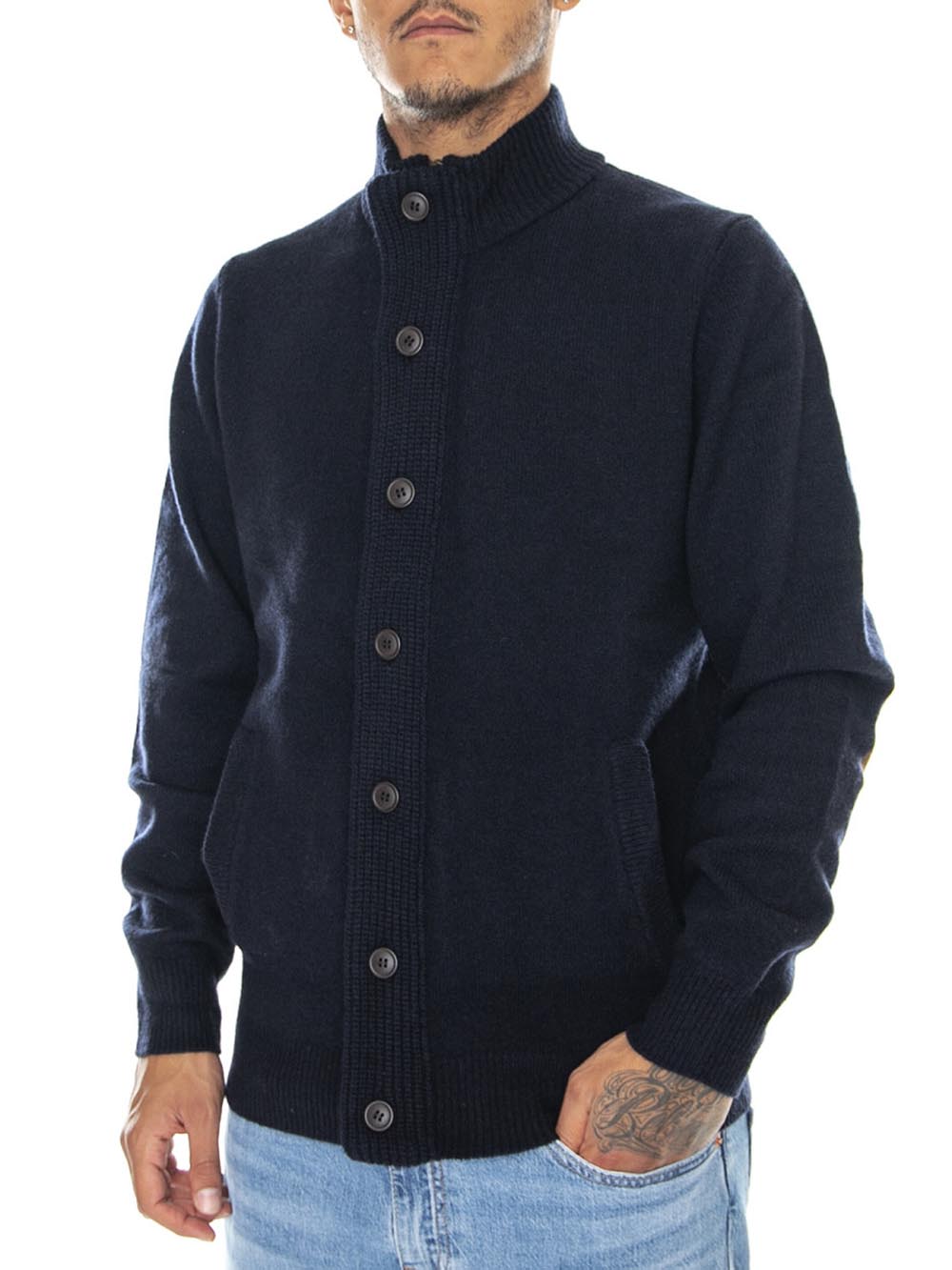 Barbour Maglia Uomo Mkn0731 Essential Patch Zip Through Blu