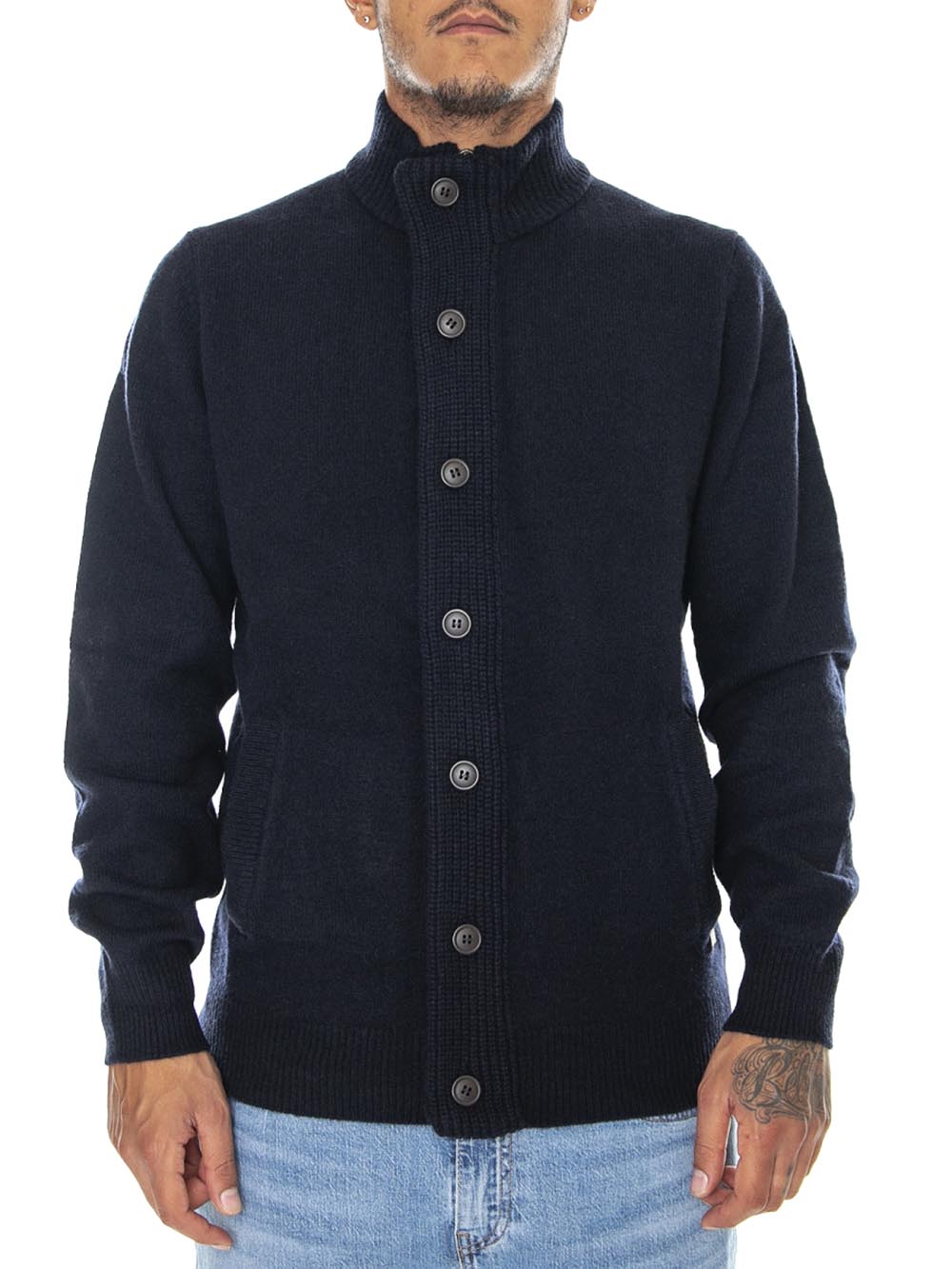 Barbour Maglia Uomo Mkn0731 Essential Patch Zip Through Blu